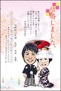 似顔絵結婚報告はがき:寿(桜 タテ)